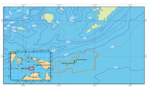 Gambar 3.2  Kondisi Batimetri di Sekitar Lokasi Lapangan Gas Abadi Blok  Masela, Laut Arafura (Sumber: INPEX Masela, 2012)  3.2  Pasang Surut  