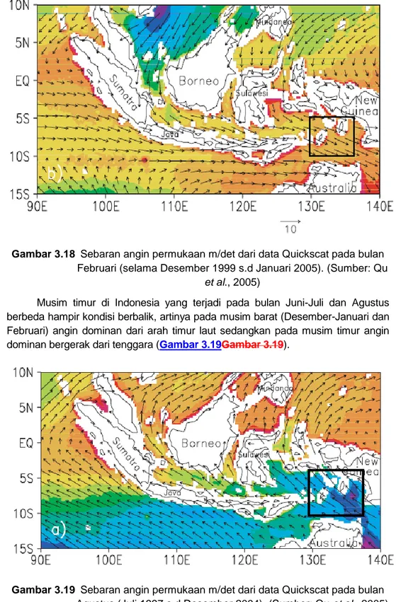 Gambar 3.19  Sebaran angin permukaan m/det dari data Quickscat pada bulan  Agustus (Juli 1997 s.d Desember 2004)