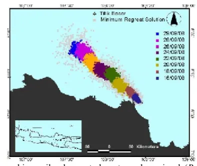 Gambar 13.  Kemungkinan wilayah yang terkena tumpahan minyak (Probability of impacted area) pada bulan September tahun 2008 berdasarkan waktu