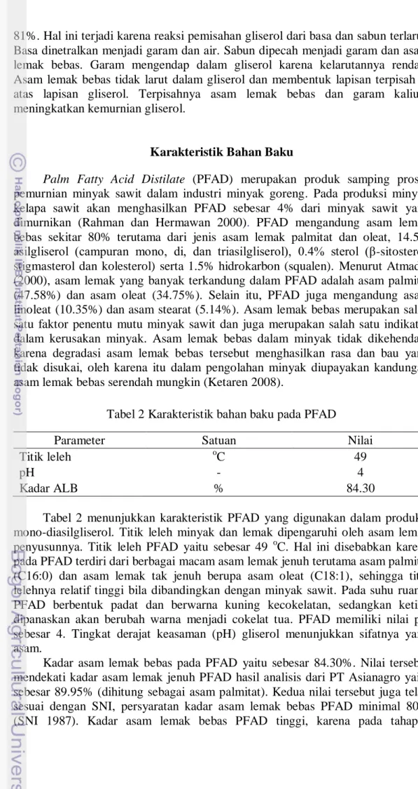 Tabel 2 Karakteristik bahan baku pada PFAD 