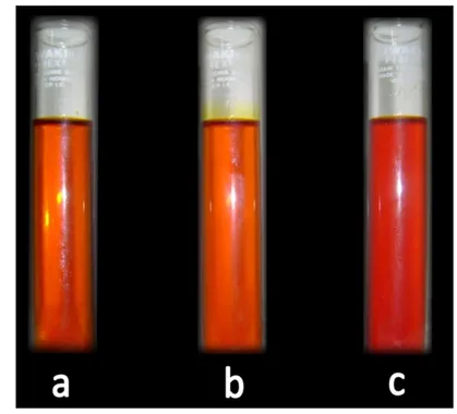 Gambar 4. (a).Fraksi Olein CPO, (b).RPO, (c).Isolat beta karoten Pembuatan Isolat Beta Karoten