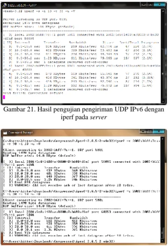 Gambar 22. Hasil pengujian pengiriman UDP IPv6 dengan  iperf pada client 