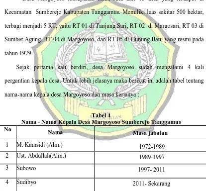 Tabel 4  Nama - Nama Kepala Desa Margoyoso Sumberejo Tanggamus 