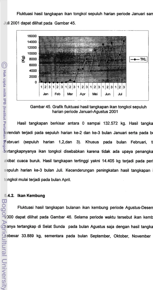 Gambar 45. Grafik fluktuasi hasil tangkapan ikan tongkol sepuluh  harian periode Januari-Agustus 2001 