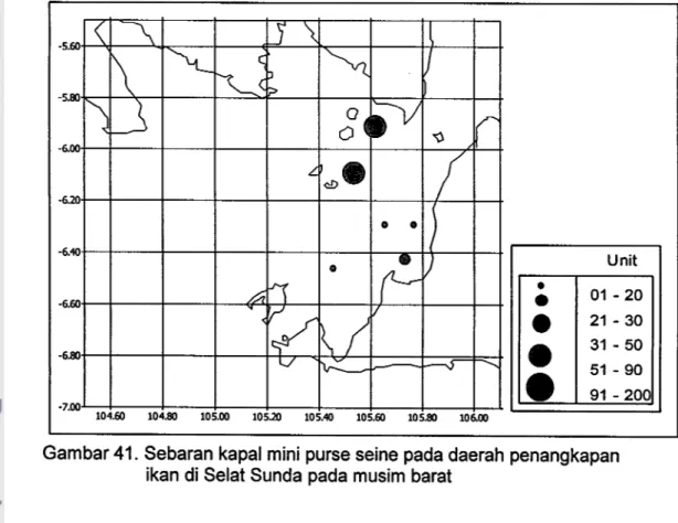 Gambar 41. Sebaran kapal mini purse seine pada daerah penangkapan  ikan di Selat Sunda pada musim barat 