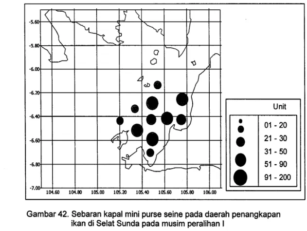 Gambar 42. Sebaran kapal mini purse seine pada daerah penangkapan  ikan di Selat Sunda pada musim peralihan  I 