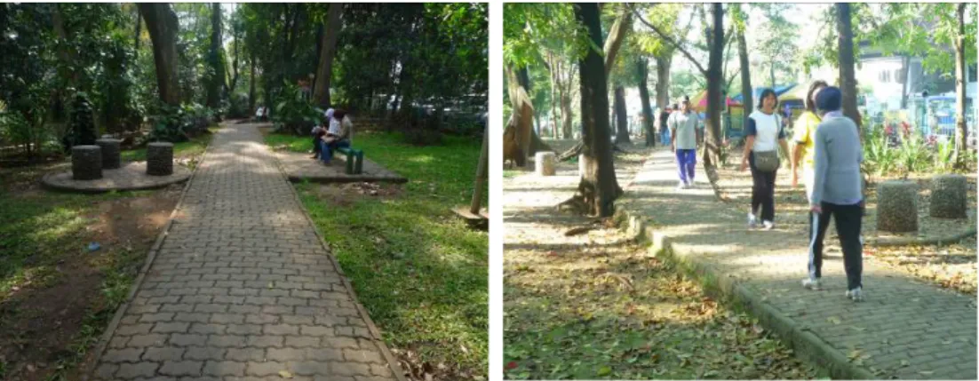 Gambar 5 Fasilitas Jalur Pejalan kaki/Jogging (a. Kondisi; b. Aktivitas)  (Sumber: Survei, Juli 2009) 