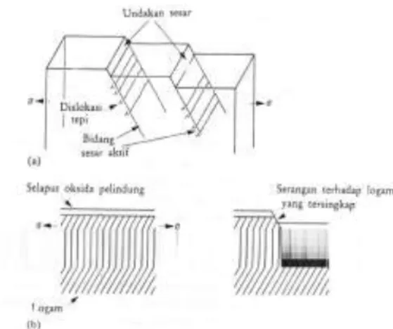 Gambar 3. Peran undakan sesar (slip steps) dalam peretakan peka- peka-lingkungan (Trethewey, 1991) 