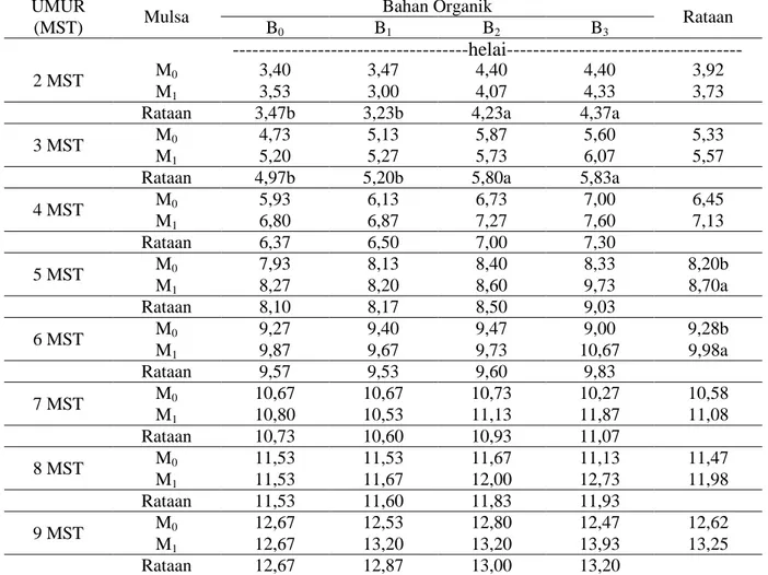 Tabel 2.  Rataan  jumlah  daun  pada  pemberian  mulsa  dan  jenis  bahan  organik  pada   umur 2-9 MST