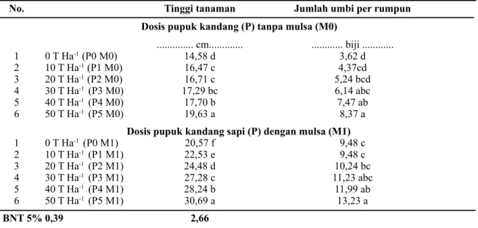 Tabel	2.	 Uji	 beda	 rata-rata	 antar	 perlakuan	 pada	 pengamatan	tinggi	tanaman	dan	jumlah	umbi	 per	rumpun	dengan	BNT	5%