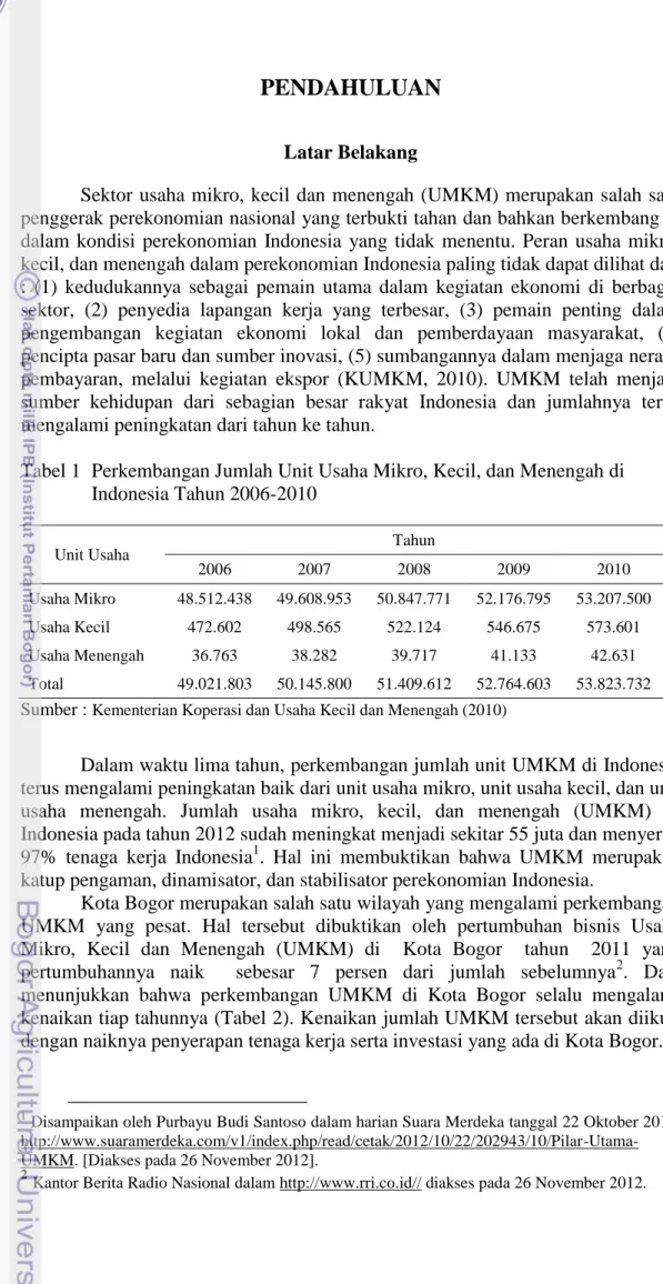 Tabel 1  Perkembangan Jumlah Unit Usaha Mikro, Kecil, dan Menengah di  Indonesia Tahun 2006-2010  Unit Usaha  Tahun  2006  2007  2008  2009  2010  Usaha Mikro  48.512.438  49.608.953  50.847.771  52.176.795  53.207.500  Usaha Kecil  472.602  498.565  522.1