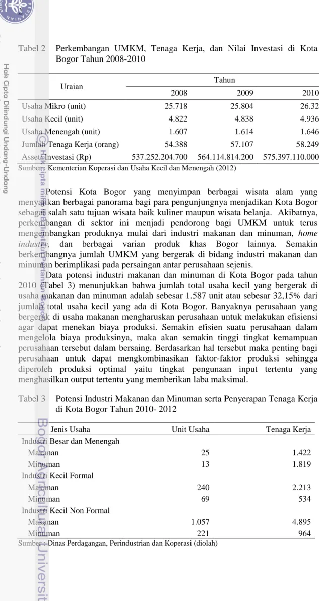 Tabel 2  Perkembangan  UMKM,  Tenaga  Kerja,  dan  Nilai  Investasi  di  Kota  Bogor Tahun 2008-2010 