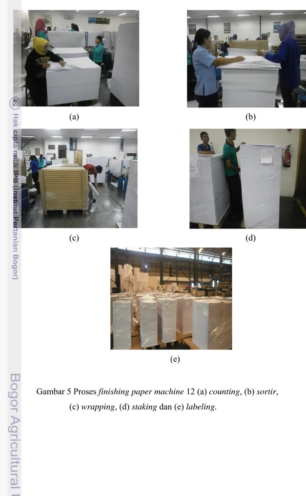 Gambar 5 Proses finishing paper machine 12 (a) counting, (b) sortir,  (c) wrapping, (d) staking dan (e) labeling