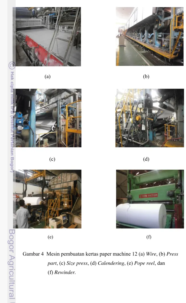 Gambar 4  Mesin pembuatan kertas paper machine 12 (a) Wire, (b) Press  part, (c) Size press, (d) Calendering, (e) Pope reel, dan  (f) Rewinder