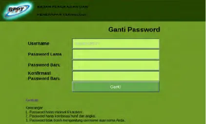 Gambar 4.47 Printscreen Layar Ganti Password Superadministrator  Superadministrator  dapat  mengubah  password  miliknya  dengan validasi yang telah ditentukan