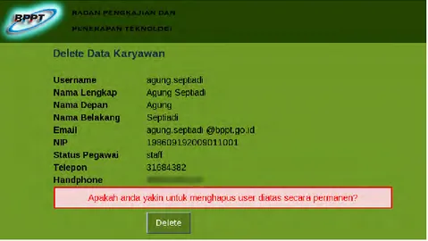Gambar 4.51 Printscreen Layar Hapus Superadministrator  Halaman ini menampilkan data pegawai yang akan dihapus