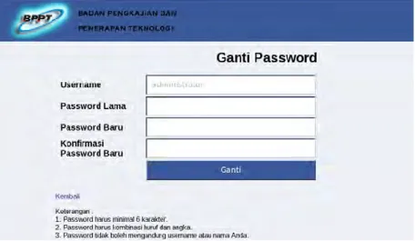 Gambar 4.55 Printscreen Layar Ganti Password Administrator  Administrator  dapat  mengubah  password  miliknya  dengan validasi yang telah ditentukan