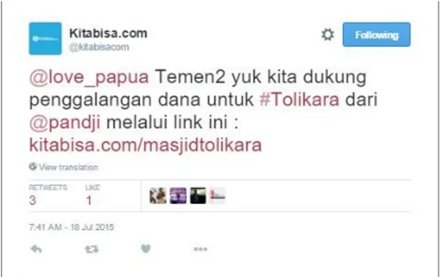 Gambar 3.3 Salah satu status Twitter dari Kitabisa.com   mengenai proyek masjid Tolikara 