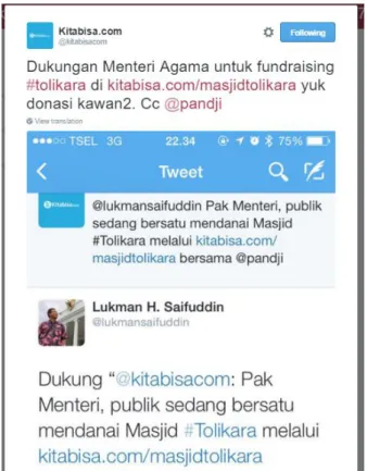 Gambar 3.6 Tweet dari Kitabisa.com yang ditujukan pada Menteri  Agama dan mendapatkan Respond