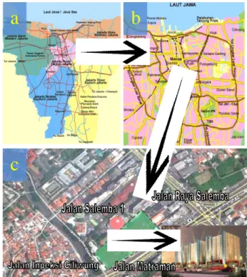 Gambar 13. Peta Lokasi Menteng Square Jakarta Pusat  (a. Jakarta, b. Jakarta Pusat, c.Menteng Square) 