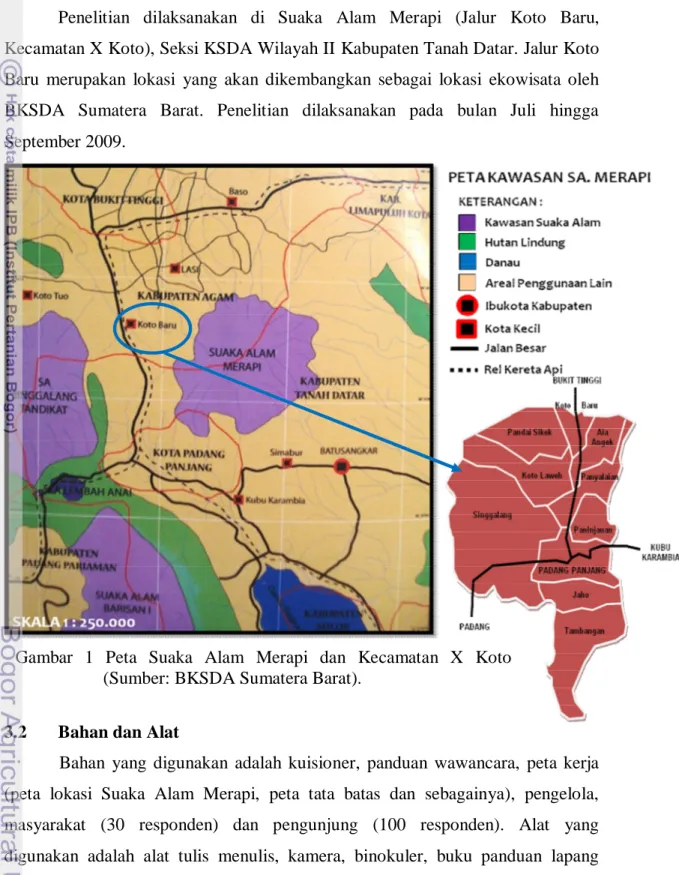 Gambar  1  Peta  Suaka  Alam  Merapi  dan  Kecamatan  X  Koto  (Sumber: BKSDA Sumatera Barat)