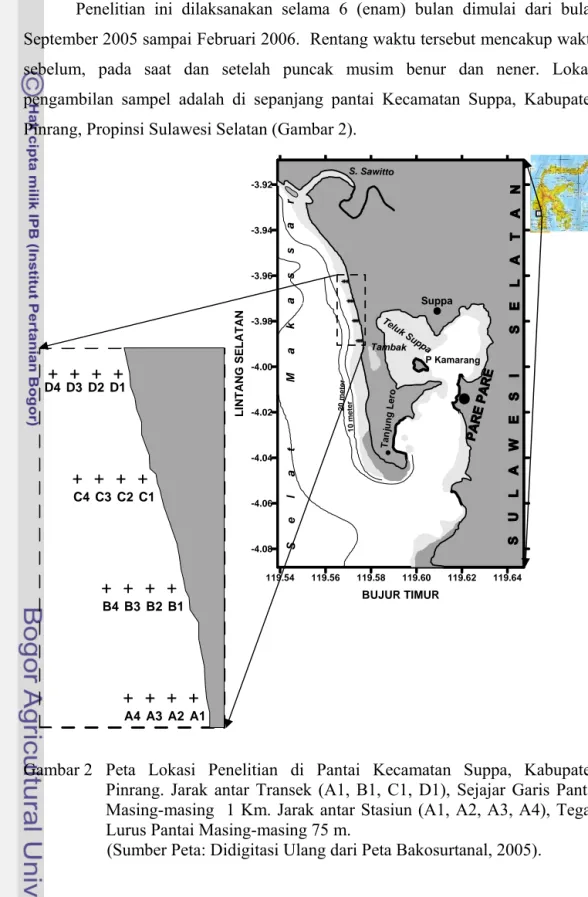 Gambar 2 Peta Lokasi Penelitian di Pantai Kecamatan Suppa, Kabupaten  Pinrang. Jarak antar Transek (A1, B1, C1, D1), Sejajar Garis Pantai  Masing-masing  1 Km