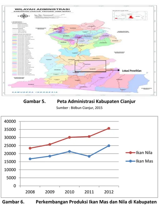 Gambar 6.  Perkembangan Produksi Ikan Mas dan Nila di Kabupaten  CianjurTahun 2008 – 2012 