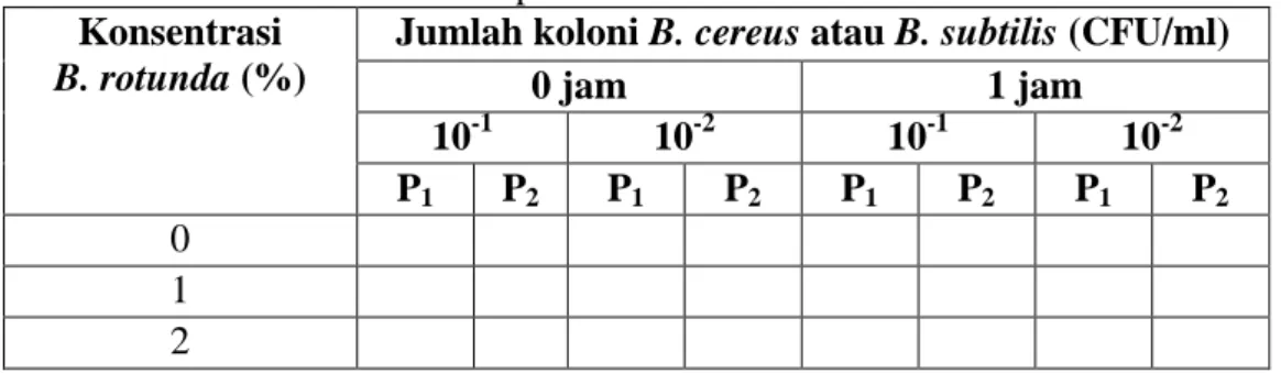 Tabel 3.5. Jumlah koloni spora Bacillus cereus atau Bacillus subtilis  Konsentrasi 
