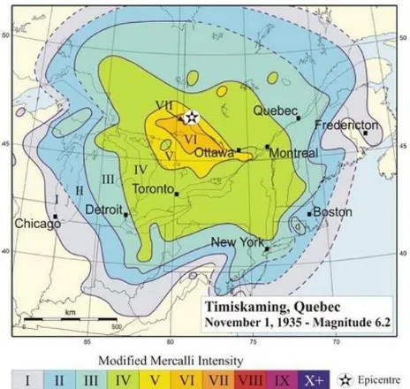 Gambar 1.8. Contoh Peta Isoseismal dengan Skala Intensitas Mercalli Gempabumi di Timiskaming (Smith, 1966) 