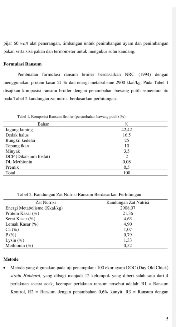 Tabel 1. Komposisi Ransum Broiler (penambahan bawang putih) (%) 