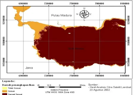 Gambar 10. Peta daerah penangkapan ikan di perairan Selat Madura tanggal  23 Agustus 2002 hasil ekstraksi citra satelit Landsat (sumber: hasil analisis citra) 