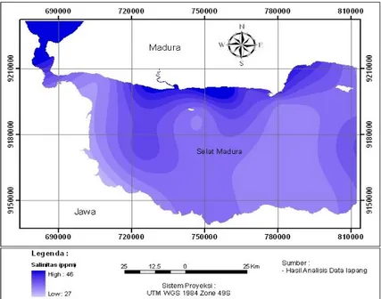 Gambar 3. Peta sebaran salinitas di perairan Selat Madura   (sumber: hasil analisis data lapang) 