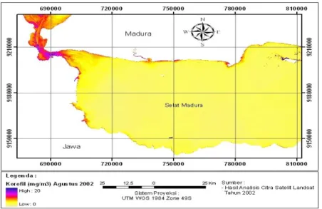 Gambar 8. Peta sebaran klorofil di perairan Selat Madura tanggal 23 Agustus  2002  hasil ekstraksi citra satelit Landsat (sumber: hasil analisis citra) 