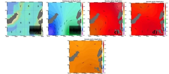 Gambar 14. Distribusi horizontal salinitas pada kedalaman, a) 0m; b) 100m; c) 200m; dan d)  500m  pada musim timur Area 4