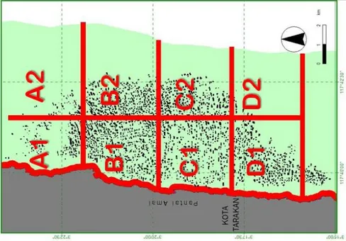 Gambar 6.  Status Pemanfaatan Ruang Budidaya Rumput Laut di Pantai AMal, dam (kiri) Usulan Blok Pengelolaan  Kawasan Budidaya dan Alur Transportasi untuk akses ke pantai dan lokasi budidaya (kanan)