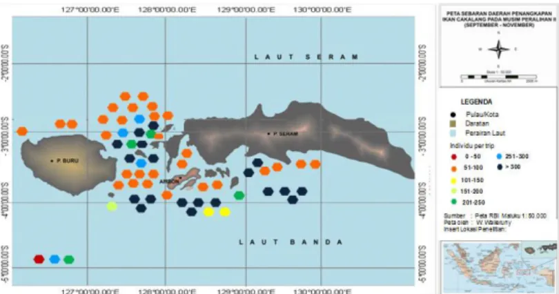 Gambar 4. Peta daerah penangkapan ikan cakalang pada Musim Pancaroba II di Laut  Banda dan sekitarnya