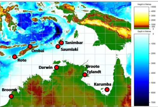 Gambar 2. Batimetri Laut Arafura dan Laut Timor berdasarkan data GEBCO resolusi  spasial 30 arcsec