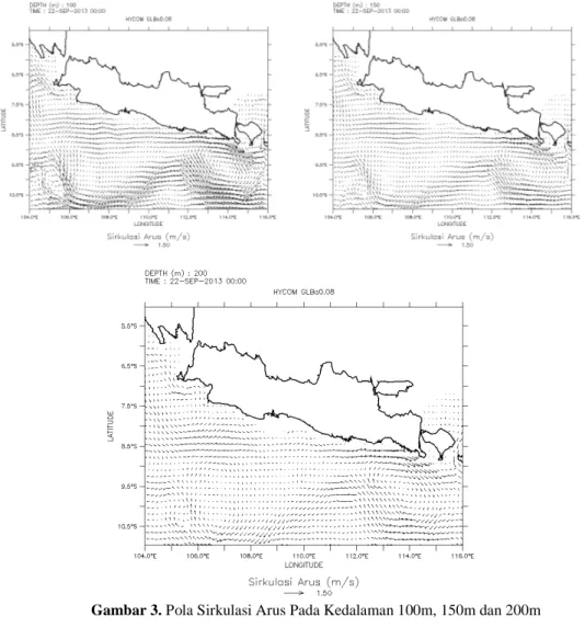 Gambar 3. Pola Sirkulasi Arus Pada Kedalaman 100m, 150m dan 200m 
