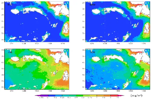 Gambar 4. Komposit SPL dan kecepatan angin permukaan pada musiman DJF, MAM, JJA dan DJF  di Laut Banda