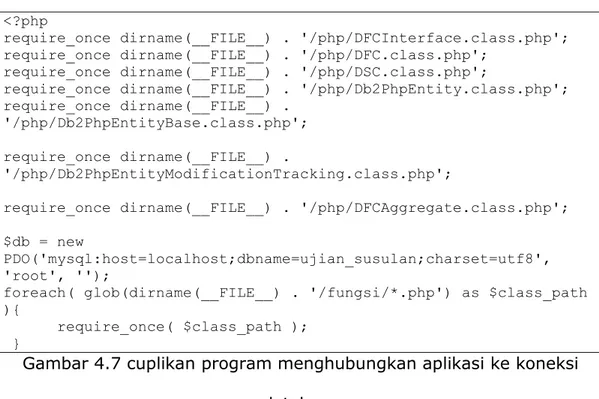 Gambar 4.7 cuplikan program menghubungkan aplikasi ke koneksi  database 