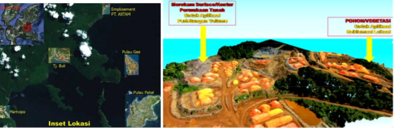 Gambar 4. Lokasi kawasan tambang nikel, Maluku Utara. Dan Contoh Produk model 3D topografi Dalam kasus ini, dapat disimpulkan sejumlah hal sebagai berikut: