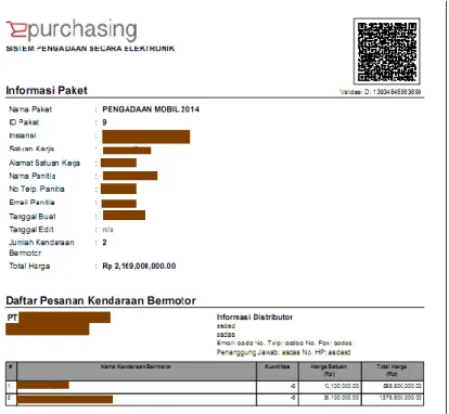 Gambar daftar pesanan Kendaraan bermotor yang dicetak melalui aplikasi e-Purchasing Kendaraan bermotor 