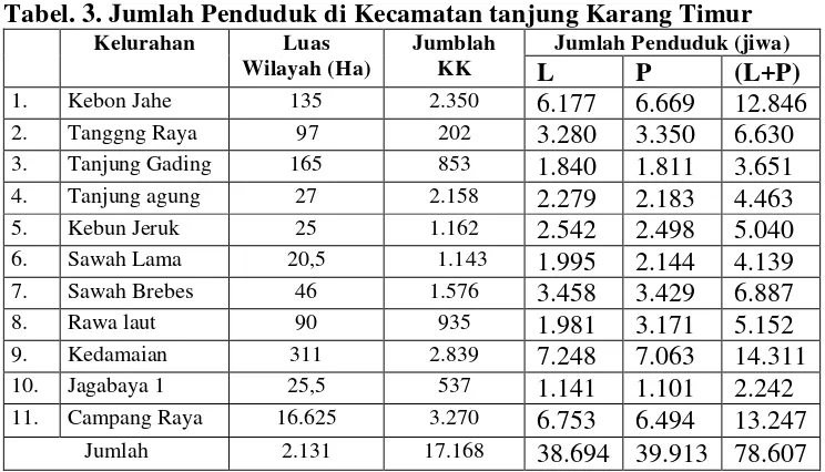 Tabel. 3. Jumlah Penduduk di Kecamatan tanjung Karang Timur 