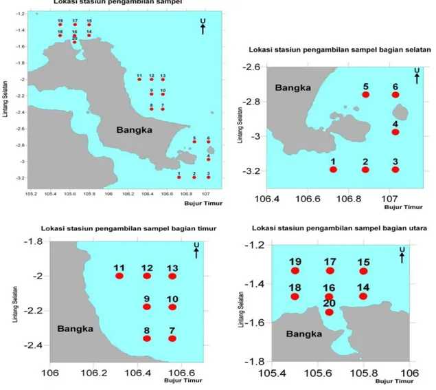 Gambar 1. Lokasi penelitian dan posisi stasiun pengambilan contoh sedimen di Perairan  Pulau Bangka, September 2010