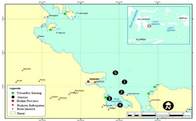 Gambar 1.Peta Teluk Wawobatu yang menunjukkan lokasi penelitian. Bulatan hitam dengan angka 1-5 adalah  stasiun penelitian