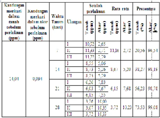 Tabel 4.1 Hasil Pengujian Kandungan  Logam  Berat  Merkuri  (Hg) pada Akar Tanaman  Jarak  Pagar  (Jatrhopa  curcas  L.)  dalam  Proses  Fitoremediasi 