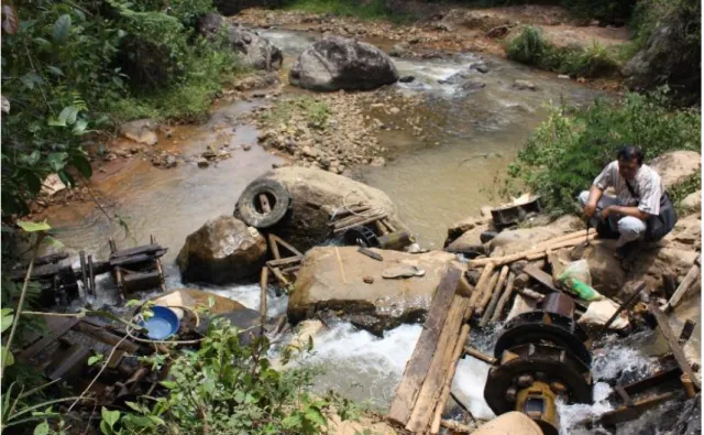 Gambar 9. Pengolahan bijih emas menggunakan amalgamator yang digerakkan dengan kincir air (Foto diambil  di Sungai Ciliunggunung Waluran, 2010)