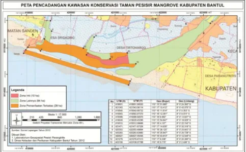Gambar 2. Peta Kawasan Konservasi Mangrove di Pantai Baros  Sumber: Surat Keputusan Bupati Bantul Nomor 284 Tahun 2014 