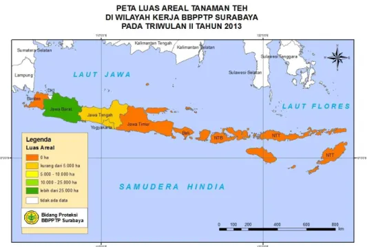 Gambar 2. menunjukkan bahwa pertanaman teh diusahakan di 3 provinsi di wilayah  kerja  BBPPTP  Surabaya  yakni  Provinsi  Jawa  Barat,  Jawa  Tengah,  dan  Daerah  Istimewa  Yogyakarta  (DIY)