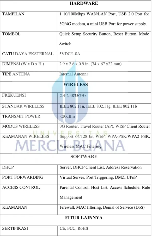 Tabel 3.5 Data Spesifikasi Router TP-LINK 